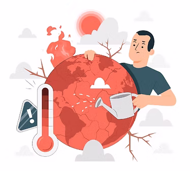 Illustration of a man water a hot Earth