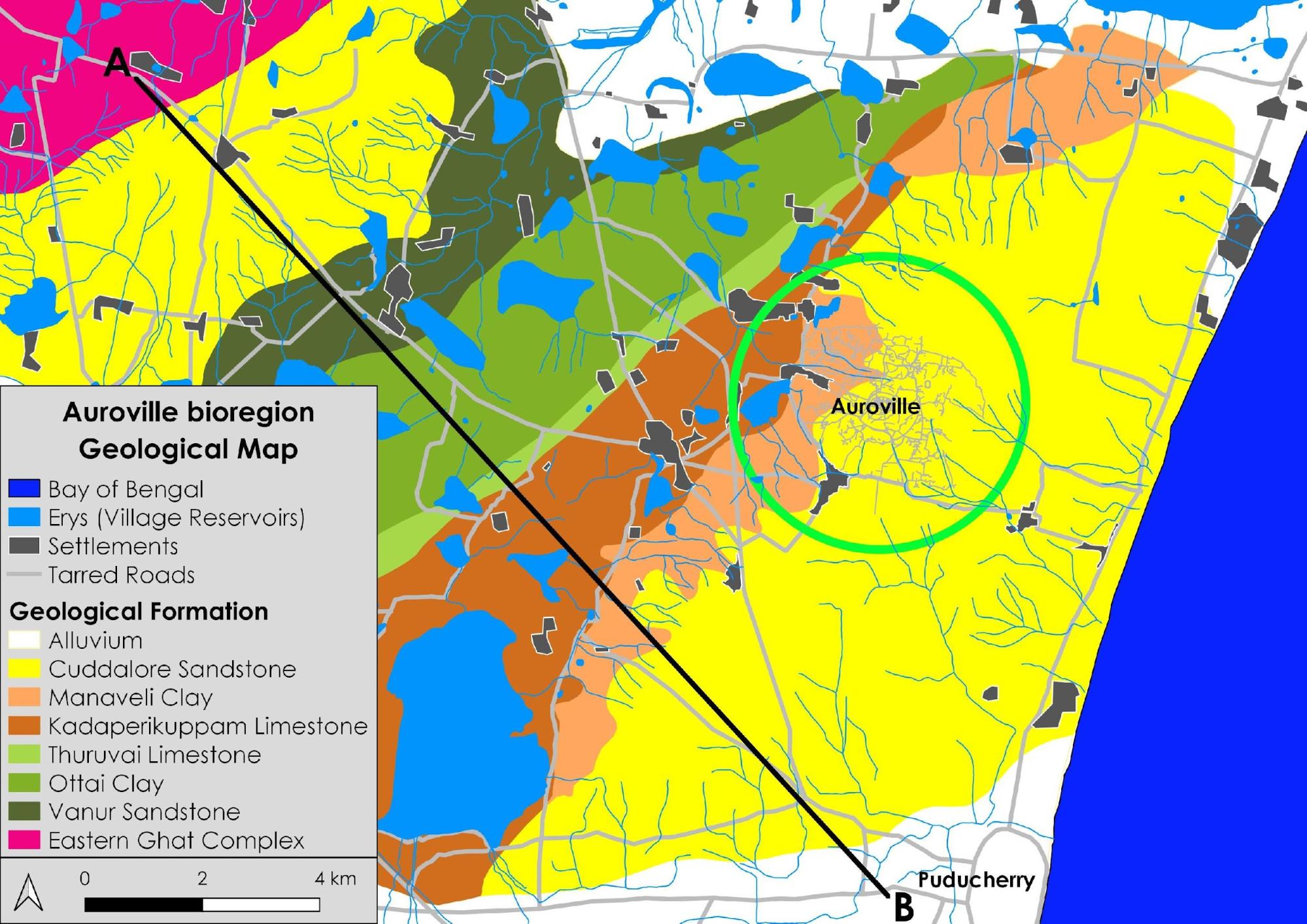 Geological Map of Auroville Region. A-B: cross section line
