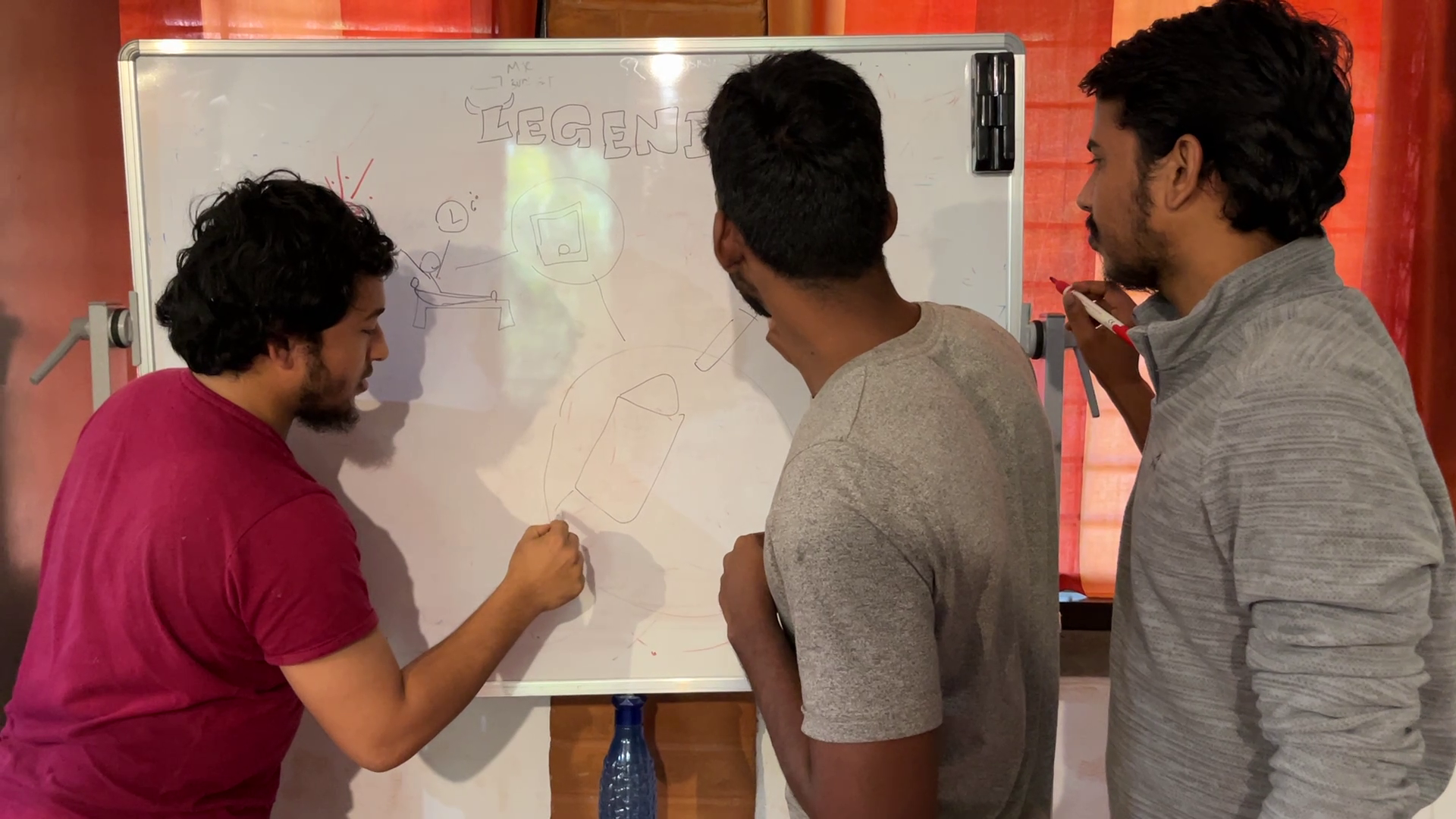 Sunil, Vigneshwaran and Vasanth drawing out a story they created as part of the workshop
